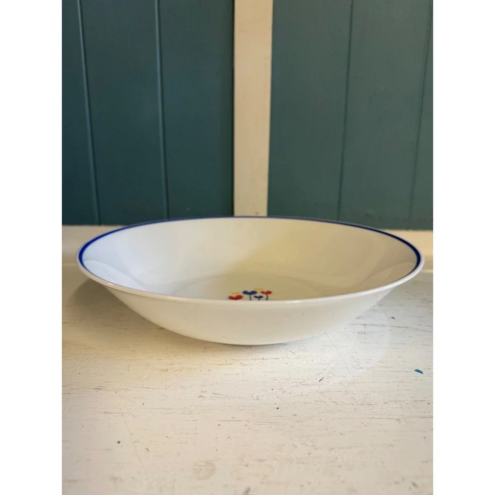 Riva Designs Tulips Lot 3079 Pasta Soup Bowl White Blue Rim Japan Vintage